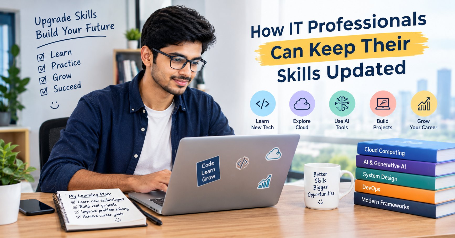 IT professional learning new technologies, AI tools, and cloud computing to keep technical skills updated and advance their career.